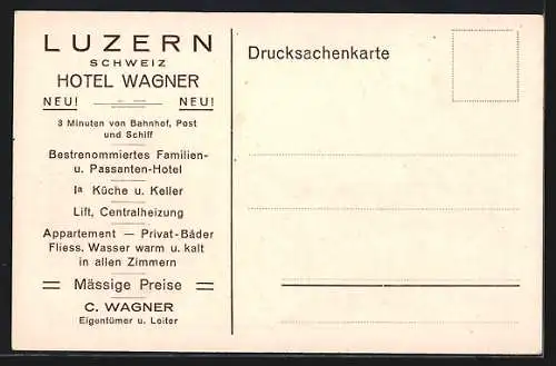 Künstler-AK Luzern, Hotel Wagner, Bes. C. Wagner, Frankenstrasse und Morgartenstrasse
