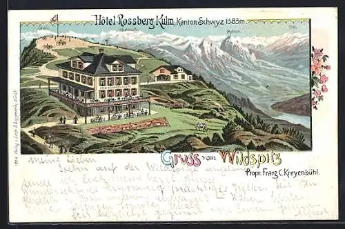 Lithographie Unterägeri, Wildspitz, Hotel Rossberg Kulm mit Bergblick und See aus der Vogelschau