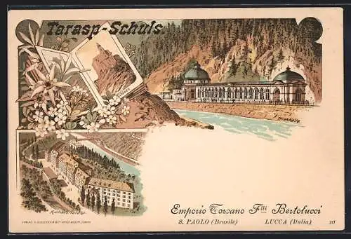 Lithographie Tarasp-Schuls, Emporio Toscano, Flli. Bertolucci, Kurhaus Tarasp, Schloss und Trinkhalle