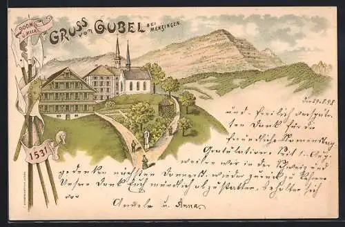 Lithographie Menzingen, Kapelle und Gebäude auf dem Gubel