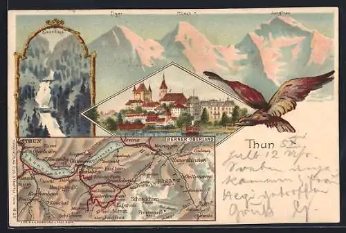 Lithographie Thun /Berner Oberland, Landkarte, Giessbach, Eiger, Mönch und Jungfrau