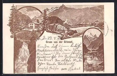 Lithographie Grimsel, Gasthaus, Wasserfall und Berglandschaft