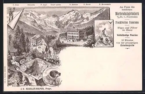 Lithographie Pontresina, Hotel Pension Morteratsch, J.V. Kessler-Rieper