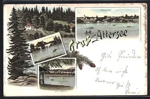 Lithographie Attersee, Schloss Kammer, Hotel Kammer und Seewalchen