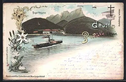 Lithographie Burgau / Attersee, Stadtansicht mit Fähre und Gebirgswand