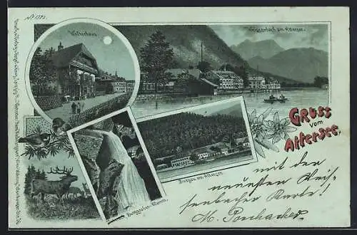 Mondschein-Lithographie Burgau am Attersee, Wolterhaus, Burggraben-Klamm, Weissenbach am Attersee