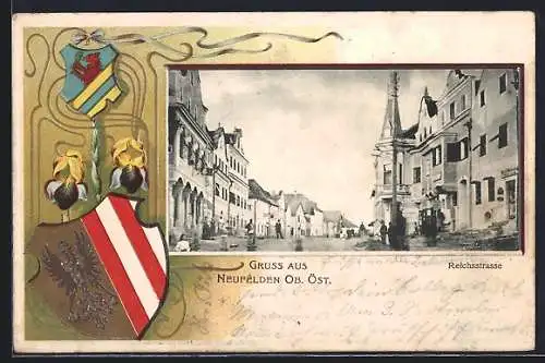 AK Neufelden /Ob.-Öst., Reichsstrasse im Wappen-Passepartout