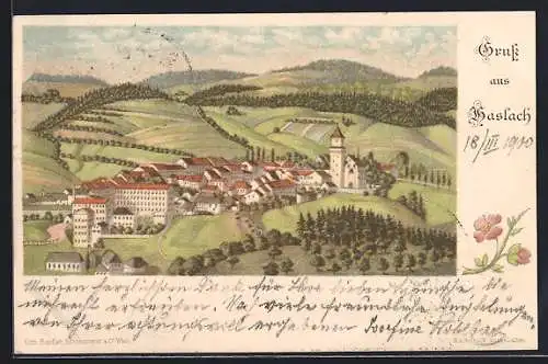 Lithographie Haslach, Panoramablick auf die Ortschaft