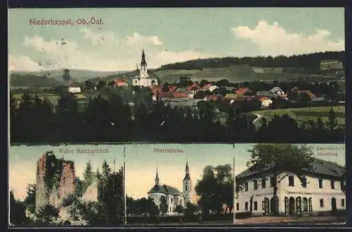 AK Niederkappel /Ob.-Öst., Fr. Amerstorfers Handlung, Ruine Haichenbach, Pfarrkirche