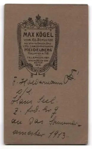 Fotografie Max Kögel, Heidelberg, Hauptstrasse 116, Student F. Holdermann mit Couleur, Handkoloriert, 1913