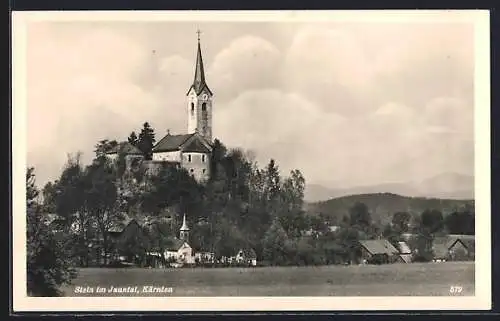 AK Stein i. J., Ortsansicht mit der erhöhten Kirche