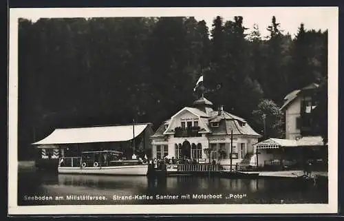 AK Seeboden am Millstättersee, Strand-Café Santner mit Motorboot Poto