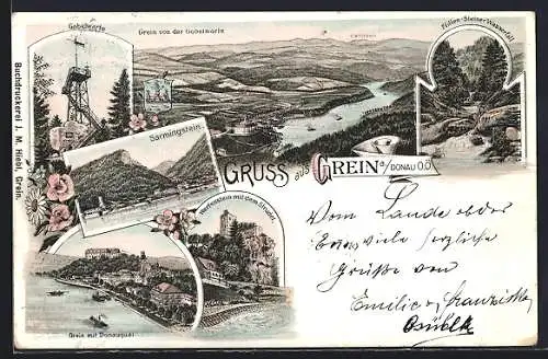 Lithographie Grein, Sarmingstein, Gobelwarte, Werfenstein mit dem Strudel