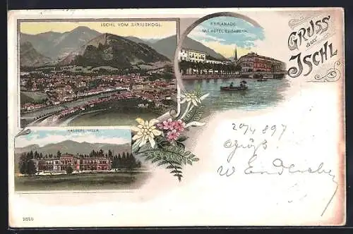 Lithographie Ischl, Esplanade mit Hotel Elisabeth, Kaiserliche Villa und Blick vom Siriuskogl