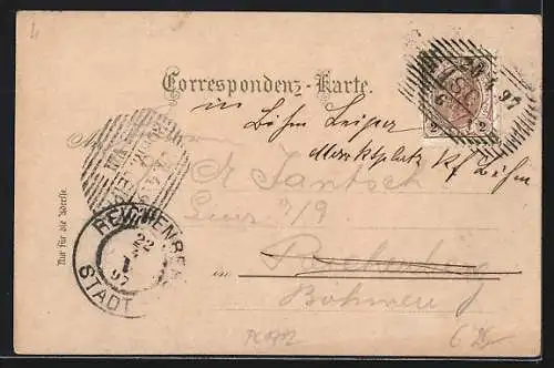 Lithographie Ischl, Esplanade mit Hotel Elisabeth, Kaiserliche Villa und Blick vom Siriuskogl