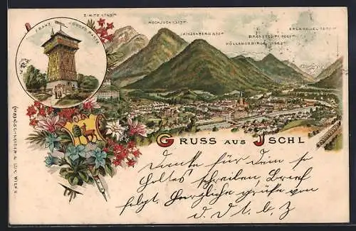 Lithographie Bad Ischl, Franz Josef`s Warte, Panoramablick auf Ort und Berge