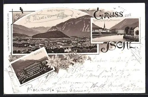 Lithographie Ischl, Panorama, Kurhaus und Hotel Elisabeth m. Promenade