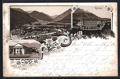 Vorläufer-Lithographie Ischl, 1894, Trinkhalle, Kurhaus, Panorama