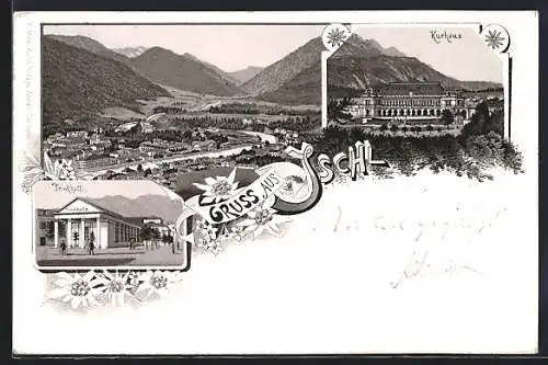 Lithographie Ischl, Trinkhalle, Kurhaus, Ortsansicht mit Blick ins Tal