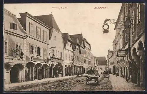 AK Steyr, Grünmarkt mit Gasthaus zum schwarzen Bären und weiteren Restaurants