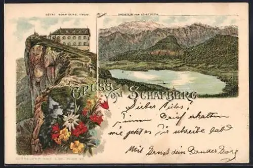 Lithographie Schafberg, Hotel Schafberg, Dachstein vom Schafberg