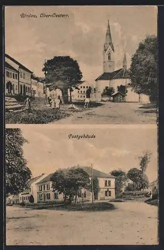 AK Riedau, Postgebäude, Platz mit Kirche