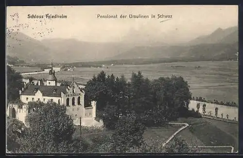 AK Schwaz, Schloss Friedheim, Ursulinen-Pensionat mit Fluss u. Bergpanorama