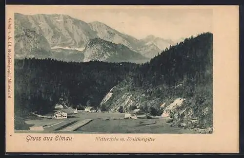 AK Elmau, Partie am Ortsrand mit Blick zum Wetterstein und Dreithorspitze