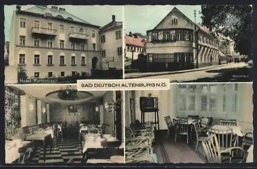 AK Bad Deutsch Altenburg /N. Ö., Hotel Haus Furtenbach mit Innenansichten, Wasserhaus mit Strasse