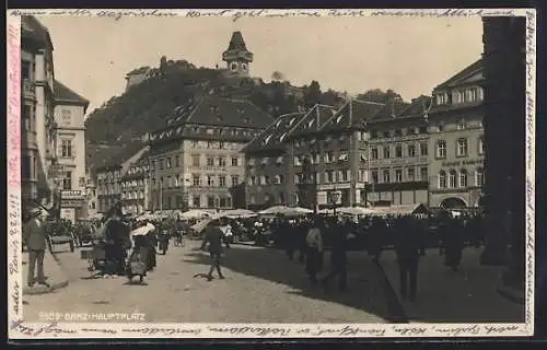 AK Graz, Hauptplatz mit Marktbetrieb