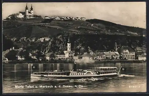 AK Marbach a. d. Donau, Panorama mit Dampfer und Maria Taferl, n