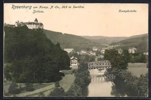 AK Rosenburg am Kamp, Ortsansicht mit Schloss und Kampbrücke aus der Vogelschau