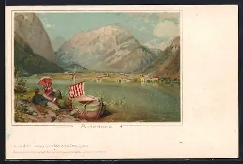 Lithographie Achensee, Panorama mit Liebespaar