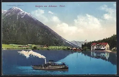 AK Maurach am Achensee, Seespitz, Ausflugsdampfer vor dem Gasthaus