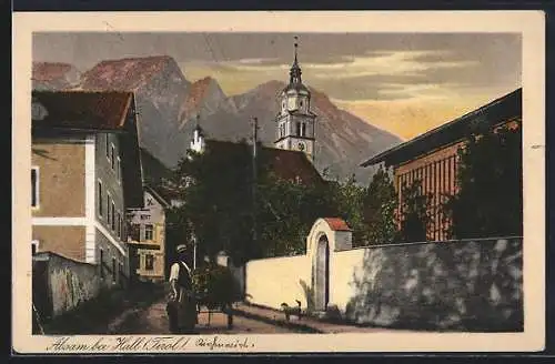 AK Absam bei Hall, Strassenpartie mit Blick auf Kirche