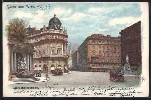 Lithographie Wien, Albrechtsbrunnen mit Strassenpartie