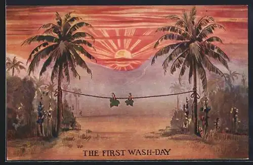Künstler-AK the First Wash-Day, Blätter trockten auf einer Wäscheleine