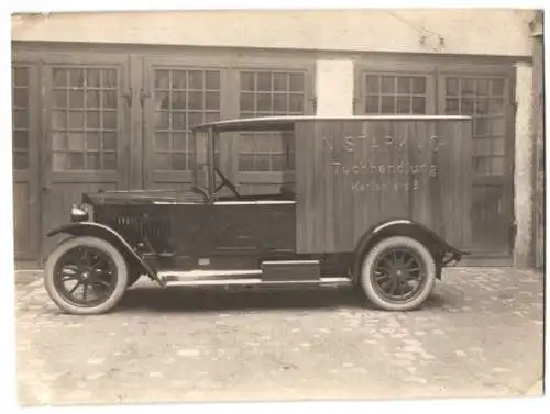 Fotografie Auto Adler Kastenwagen, N. Stark & Cie Tuchhandlung mit Weinberger-Aufbau, Fabrikhof Zeppelinstr. 71 München