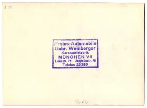 Fotografie Auto Protos Cabrio, Cabriolet mit Weinberger Karosserie vor der Fabrik Zeppelinstr. 71 in München