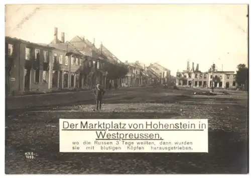 Riesen-AK Hohenstein i. Westpreussen, der zerstörte Marktplatz mit Häuserruinen