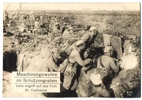 Riesen-AK MG-Trupp, Maschinengewehre im Schützengraben beim Angriff auf das Fort St. Catharine