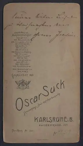 Fotografie Oscar Suck, Karlsruhe, Kaiserstrasse 223, Soldat Joachim in Uniformrock