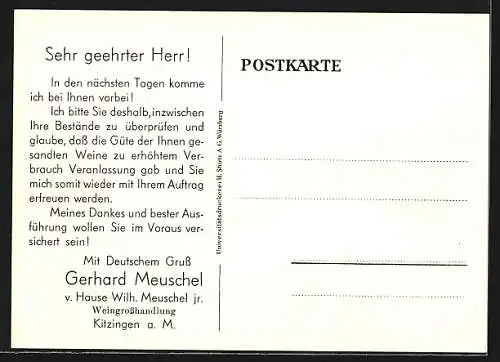 Künstler-AK Escherndorf /Franken, Ortsansicht m. Vogelsburg, Weinhandel Meuschel jr. Kitzingen, Vertreter-Besuchsanzeige