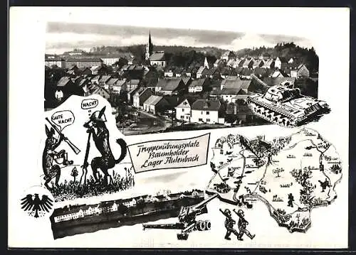 AK Baumholder, Truppenübungsplatz, Lager Aulenbach, Ortsansicht, Lager-Panorama, Lageplan, Hase u. Fuchs