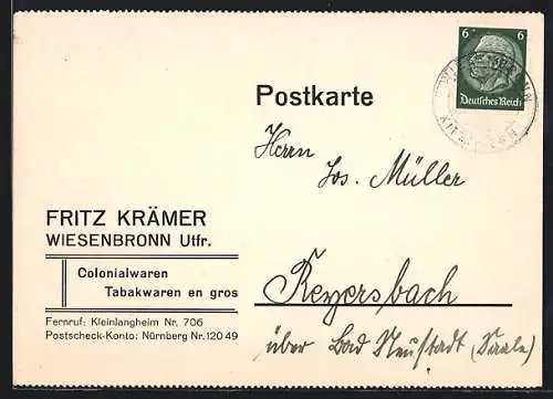 AK Wiesenbronn /Utfr., Colonialwaren Fritz Krämer, Korrespondenzkarte