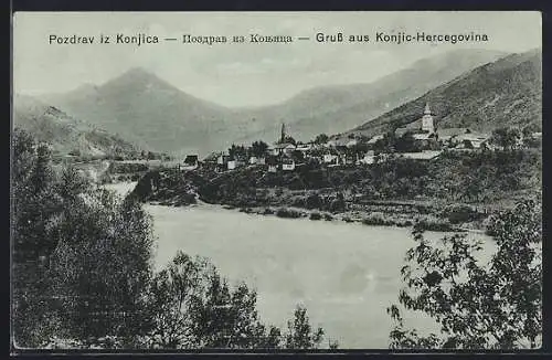 Mondschein-AK Konjic, Ortsansicht vom Wasser aus