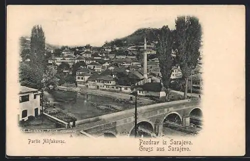 AK Sarajewo, Partie Alifakovac, Ortsansicht mit Flussbrücke