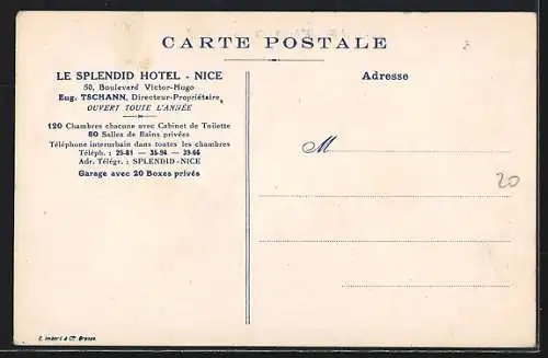 Künstler-AK Nice, le Splendid Hotel, Boulevard Victor-Hugo 50