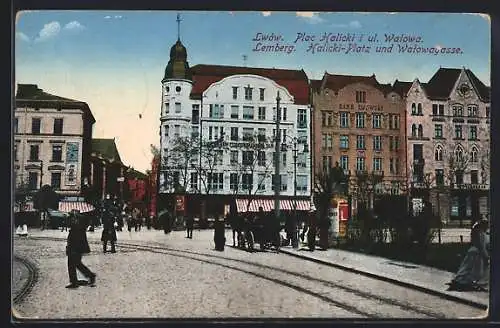 AK Lemberg-Lwow, Halicki-Platz und Walowagasse, Plac Halicki i ul. Walowa, Kutsche, Menschen