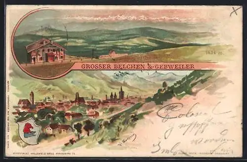 Lithographie Gebweiler, Ortsansicht, Wappen, Grosser Belchen mit Berghütte